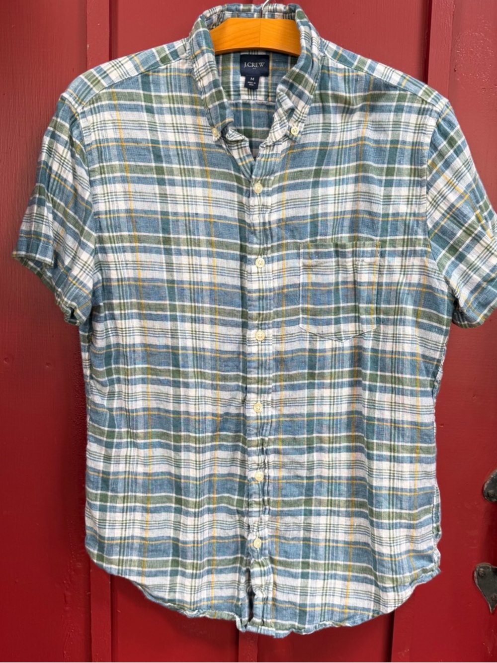 J. Crew Blue, Green and White Plaid Short-Sleeve Button-Down Shirt